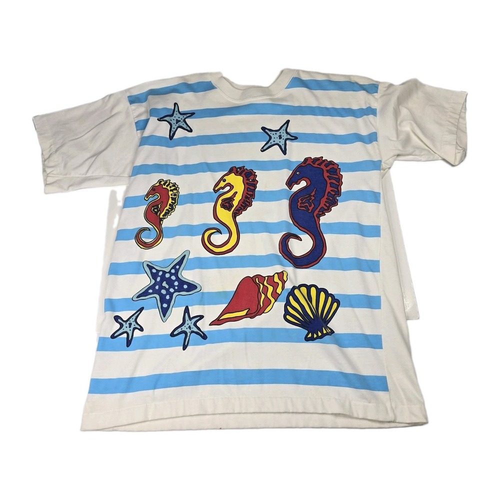 Vintage 80s Triples T Shirt Womens Single Stitch Seahorse Shells Striped 90s